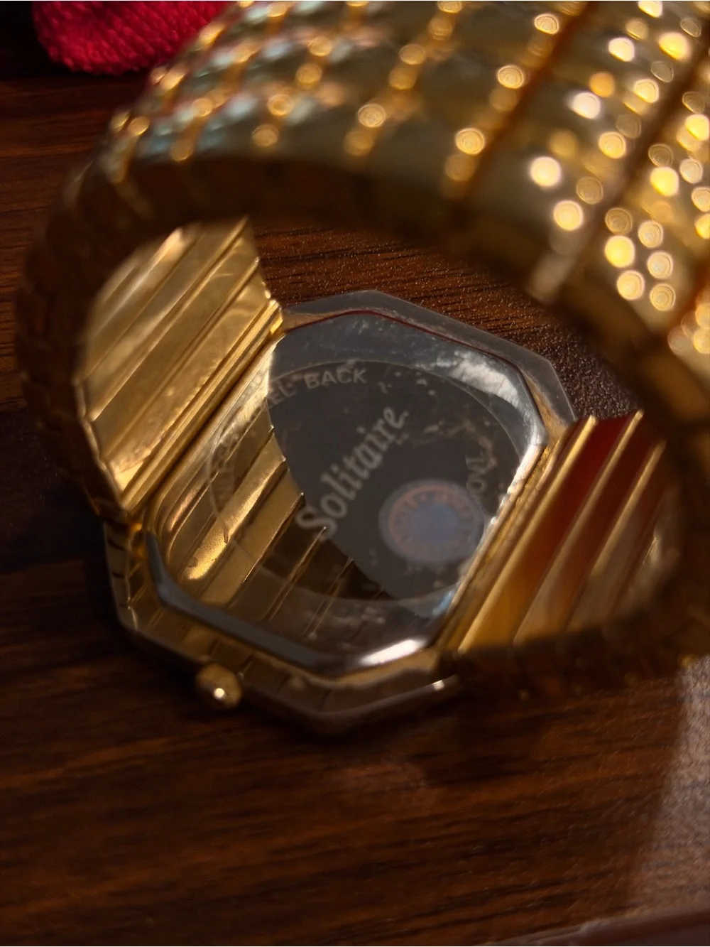 Vintage Solitaire Quartz Octagonal Mother of Pearl Dial Gold Tone Stretch Watch